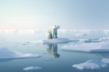 Lonely Polar Bear walking through snow in North Pole area finding for food. Moody global warming wallpaper. 