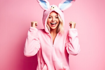 Beautiful sexy smiling woman wearing a Easter bunny costume, pajama on pink background.