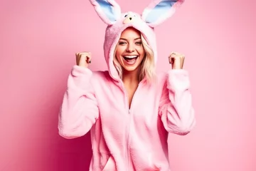 Foto op Plexiglas Beautiful sexy smiling woman wearing a Easter bunny costume, pajama on pink background. © zamuruev