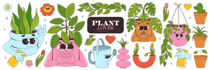 A set of stickers with house plants and flowers. Trendy cartoon retro groovy character style. Monstera, ficus, cactus, tulip, watering can. Vector illustration.
