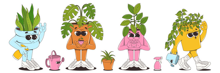 A set of house plant characters in trendy retro groovy cartoon style. Cool potted flowers in sneakers. 60s 70s vibes. Trendy vector illustration