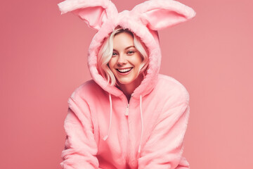 Beautiful sexy smiling woman wearing a Easter bunny costume, pajama on pink background.