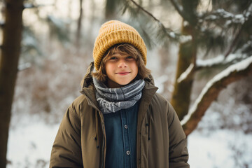 Generative AI portrait of young cute boy teenager in snowy forest tree magic atmosphere