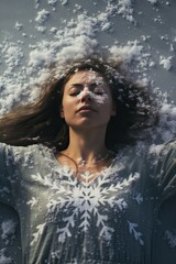 Close up shot of a beautiful young woman laying in the snow with snowflakes on her face. Snow princess