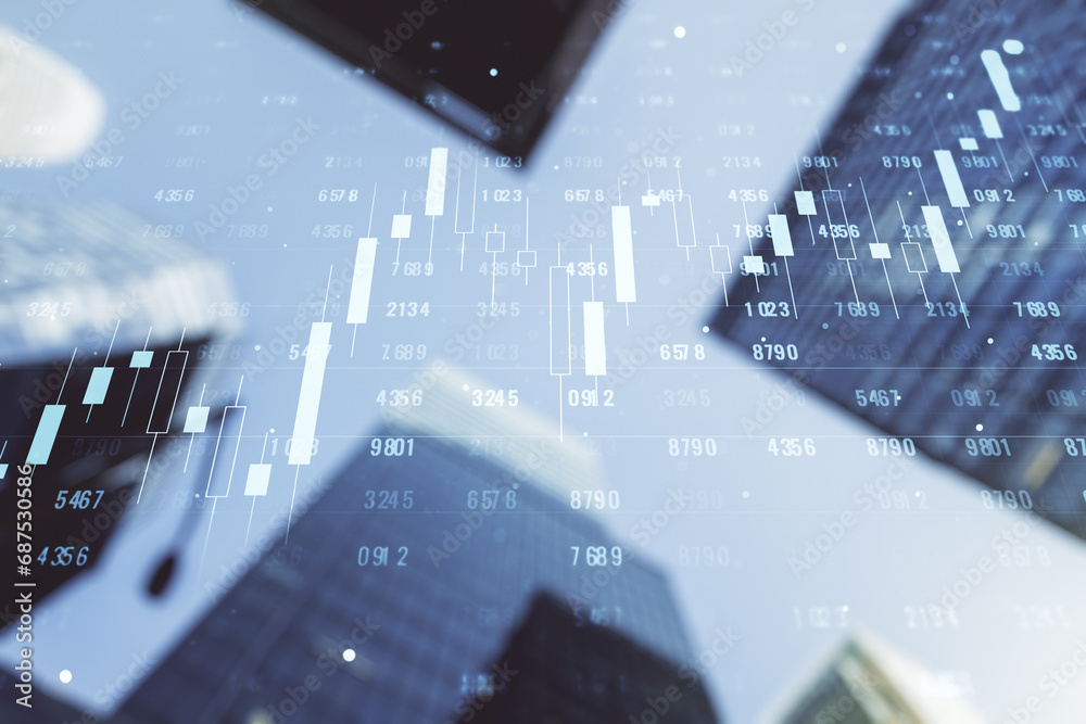 Poster multi exposure of abstract statistics data hologram interface on blurry cityscape background, comput