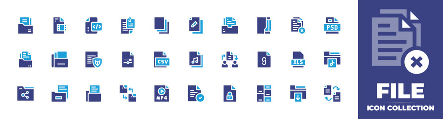 File icon collection. Duotone color. Vector and transparent illustration. Containing documents, paper, plagiarism, folder, csv, xls file, file sharing, mp file format, download file, video file, file. - obrazy, fototapety, plakaty