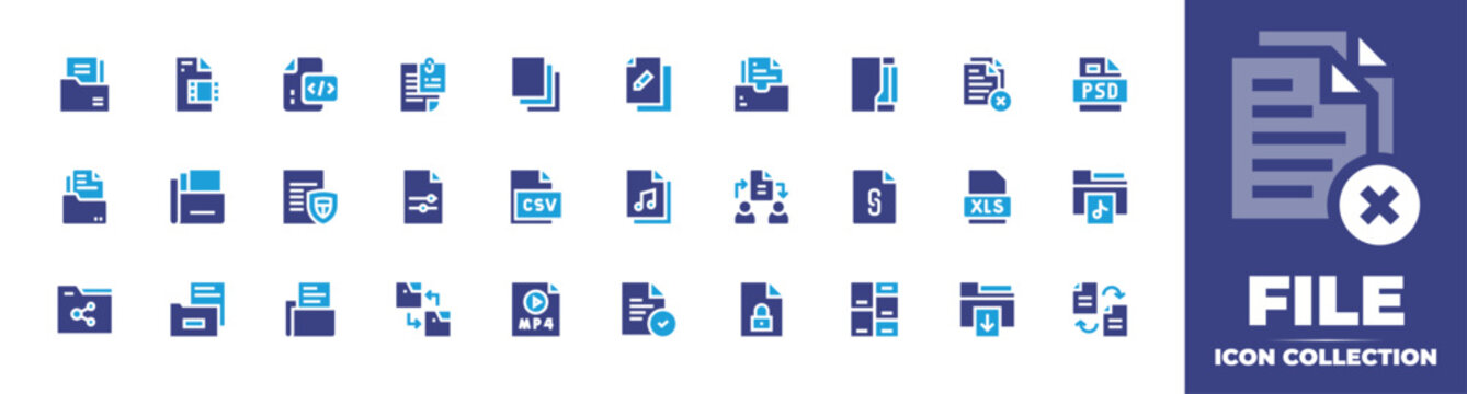 File icon collection. Duotone color. Vector and transparent illustration. Containing documents, paper, plagiarism, folder, csv, xls file, file sharing, mp file format, download file, video file, file.