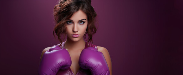 woman wearing boxing gloves. Purple banner, strong sporty woman concept. Generative AI
