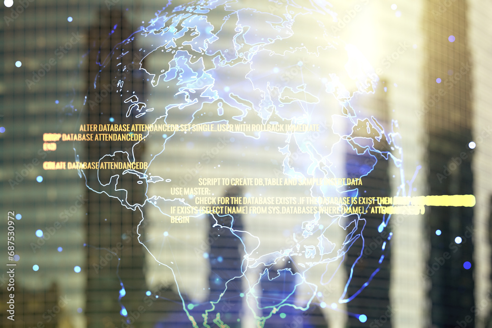 Poster double exposure of abstract programming language hologram and world map on modern skyscrapers backgr