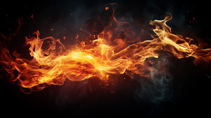 Fototapeta na wymiar Intense Fiery Display: Burning Flames and Sparks on a Dramatic Black Background - Dynamic Energy and Power in a Mesmerizing Heatwave Composition.