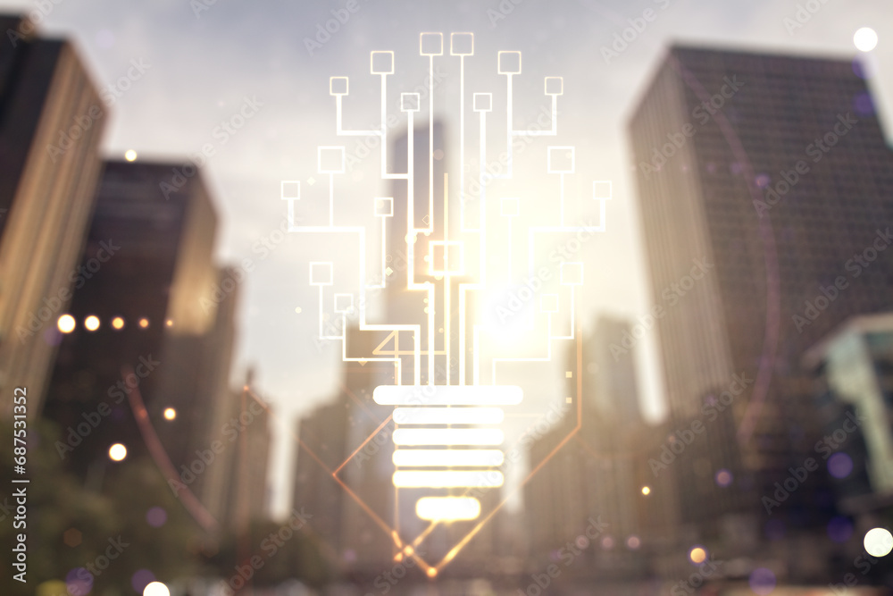 Aufkleber virtual creative light bulb with chip hologram on blurry cityscape background, artificial intelligen