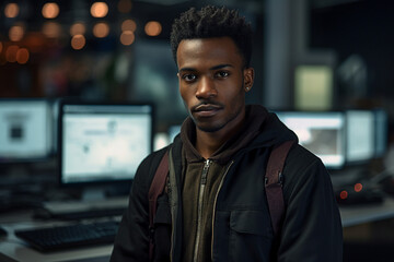 Generative AI portrait of cyberpunk system administrator programmer hacker person