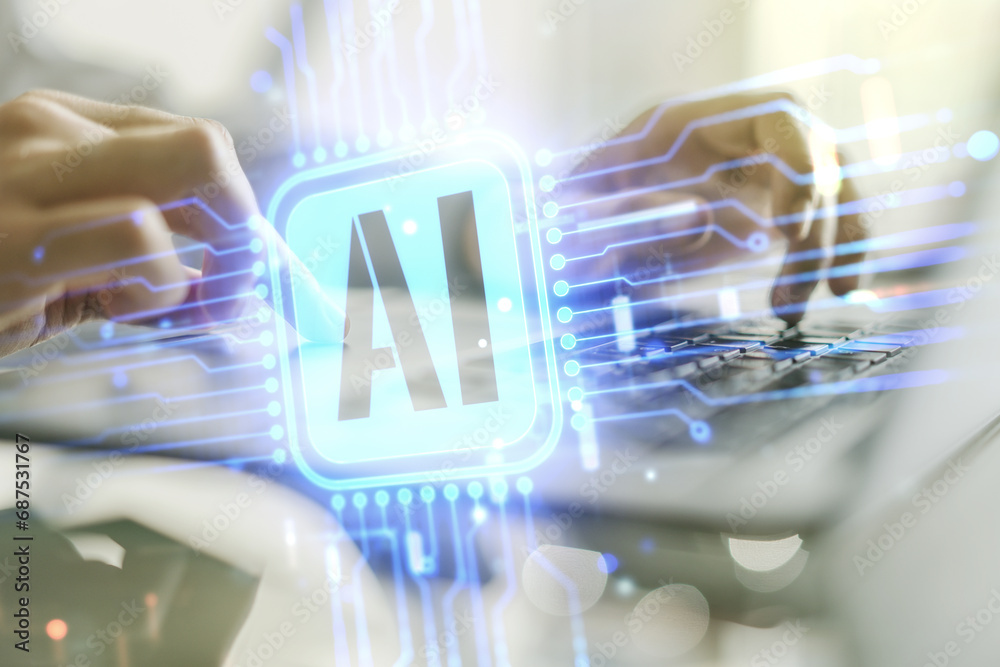 Poster double exposure of creative artificial intelligence icon with hands typing on laptop on background. 