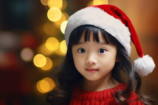 Generative AI portrait of small funny child believe in santa claus waiting christmas gifts presents