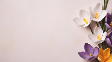 Naklejka premium Spring, Easter floral concept. White and violet crocuses, saffron flowers on beige cardboard, table background. Minimal natural composition, web banner. Flat lay, top, copy space