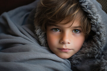 Generative AI closeup portrait charming little kid wrapped in warm laundry blanket waking up weekend