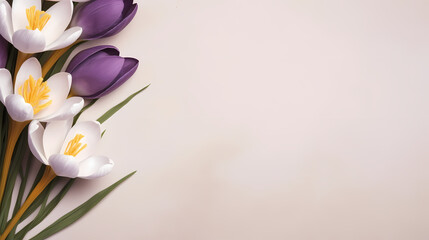 Fototapeta na wymiar Spring, Easter floral concept. White and violet crocuses, saffron flowers on beige cardboard, table background. Minimal natural composition, web banner. Flat lay, top, copy space