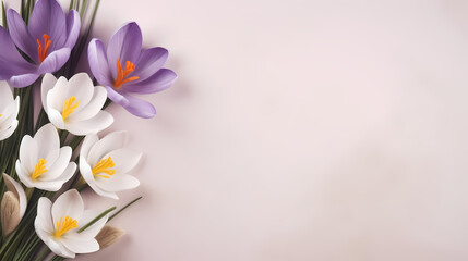 Spring, Easter floral concept. White and violet crocuses, saffron flowers on beige cardboard, table background. Minimal natural composition, web banner. Flat lay, top, copy space