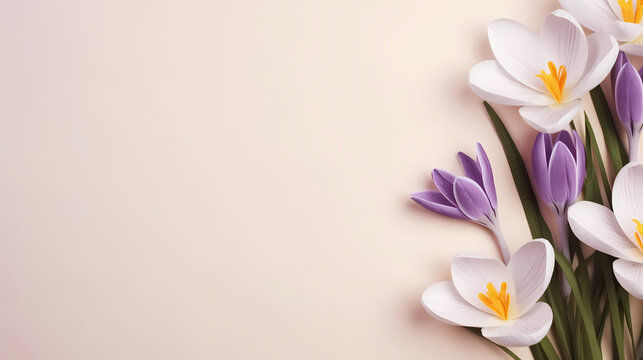 Spring, Easter floral concept. White and violet crocuses, saffron flowers on beige cardboard, table background. Minimal natural composition, web banner. Flat lay, top, copy space