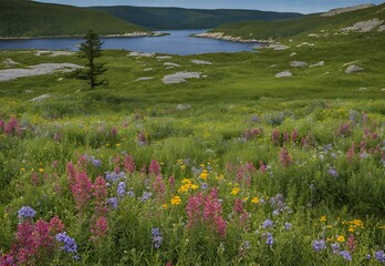 Obraz premium Wildflower Waltz: Nova Scotia's Cape Breton Highlands National Park Meadow Magic