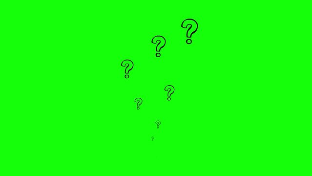 Animated black linear question marks fly from bottom to top. Hand drawn symbols are sprayed. Looped video. Flat vector illustration isolated on green background.