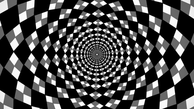 Circular tunnel rhomboidal chess black and white rotating, checker board 3d animation, optical illusion loop footage abstract background for vj, dj, template, meditation, intro and outro video.