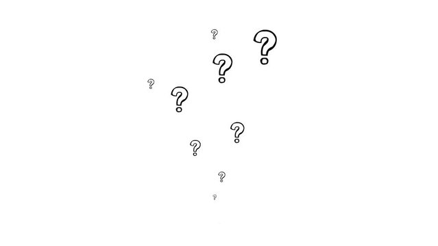 Animated black linear question marks fly from bottom to top. Hand drawn symbols are sprayed. Looped video. Flat vector illustration isolated on white background.