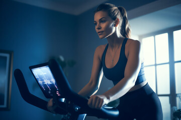 Active fitness woman working out on exercise bike at the gym with window background. Female...