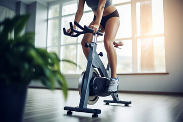 Cropped shot of fitness woman working out on exercise bike at the gym with window background. Female exercising on bicycle in health club. Close up focus on legs. - obrazy, fototapety, plakaty