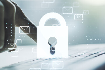 Creative light lock illustration with postal envelopes and hands typing on computer keyboard on background, cyber security and email protection concept. Multiexposure