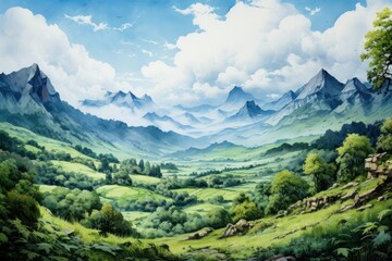 Fototapeta na wymiar Lush Mountain Valley Watercolor