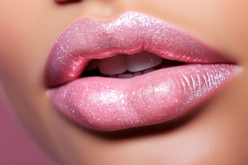 Close-up of Woman’s Lips With Fashion Shining Rose Pink Lipstick Makeup