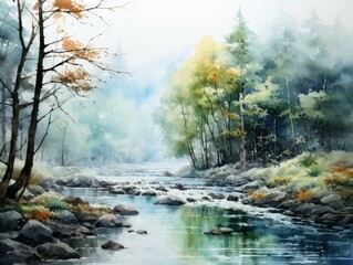 Misty Forest River Watercolor