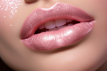 Close-up of Female Lips With Fashion Pink Glitter Rose Lipstick Makeup