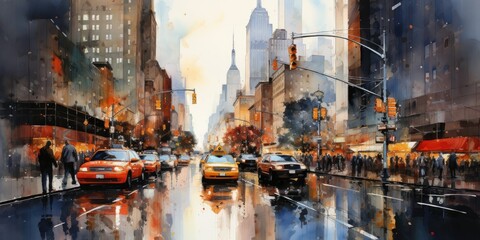 Rainy City Street Watercolor