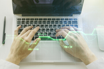 Multi exposure of abstract graphic data spreadsheet sketch with hands typing on computer keyboard on background, analytics and analysis concept