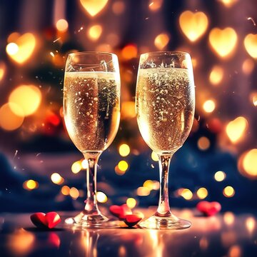 two glasses of champagne against a background of bokeh lights.