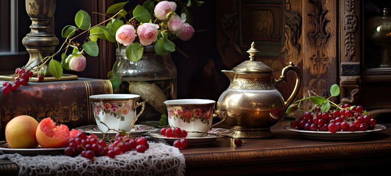 Old world fancy teatime with China cups and fruit still-life 