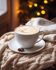 A mug of hot milk coffee stands on a wooden table with a woolen blanket in a cozy living room. Cozy winter day