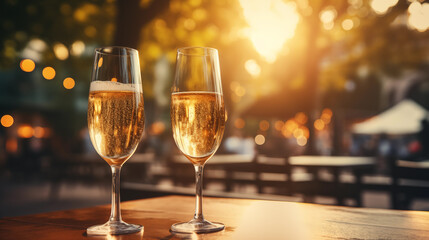 Two glasses of champagne on a wooden table in a street cafe in the rays of the sun on a golden foliage blurred background