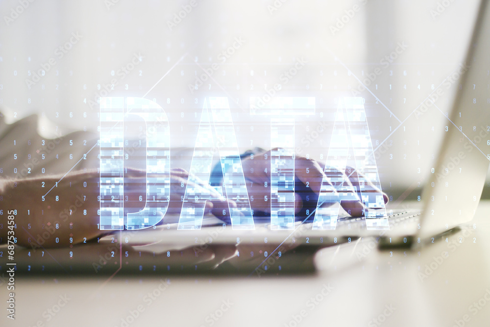 Poster creative data word hologram and hands typing on computer keyboard on background, big data and blockc
