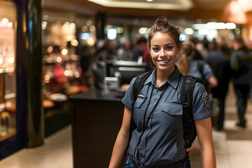 Woman security guard walking down a hallway in a mall. Woman work as security guard. Lots of people moving in the background.