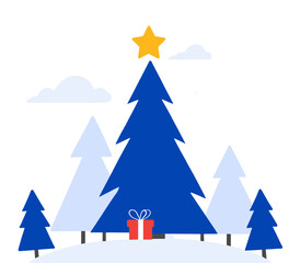 Christmas tree with snow landscape,Flat vector illustration