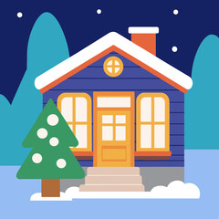 house in the snow season,cute vector illustration,at night, Christmas Home