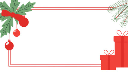 Merry Christmas banner with blank space for text, red background, gift boxes, fir tree branches, red and green ornaments