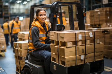 A woman moving pallet with a forklift in a warehouse. Female drive forklift in a big factory. - Powered by Adobe