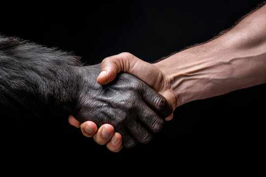 handshake of a human and an ape, concept for animal welfare and protection