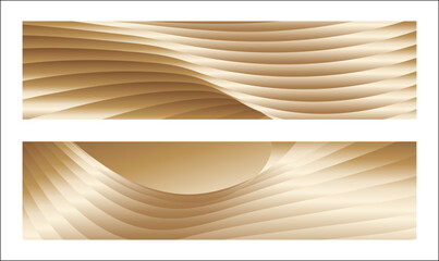 Wavy golden parallel gradient lines, ribbons, silk. Golden with shades of yellow background, banner, poster. Set of 2 backgrounds. Eps vector