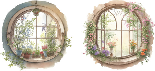 Round window with floral in watercolor - obrazy, fototapety, plakaty