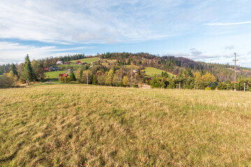 Fototapeta na wymiar Ceslar from Maly Stozek hill in autumn Slezske Beskydy mountains